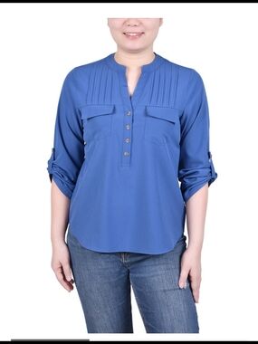 NY Collection Petite Long Tab-Sleeve Blouse with Pockets T-shirt